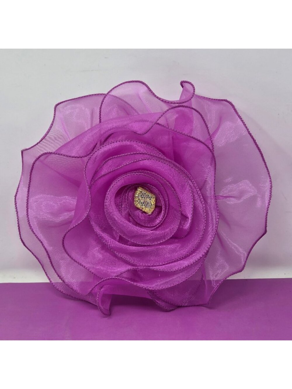 Large‎ Fuchsia Organza Flower Brooch Pin Rhinestone Center Statement